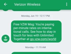 international text message cost verizon.